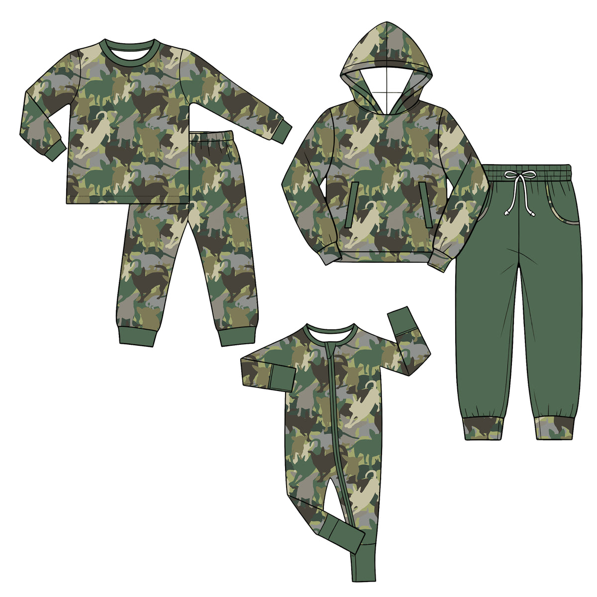 Preorder (moq 5) Baby Boy Clothes Camo Hunting Dog Silhouette Print Long Sleeve Tee Pant Set