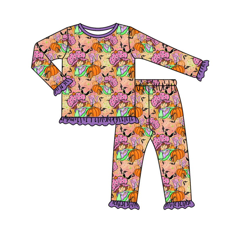 Preorder (moq 5)Baby Girls Purple Pumpkins Bats Top Ruffle Pant Halloween Pajamas Set
