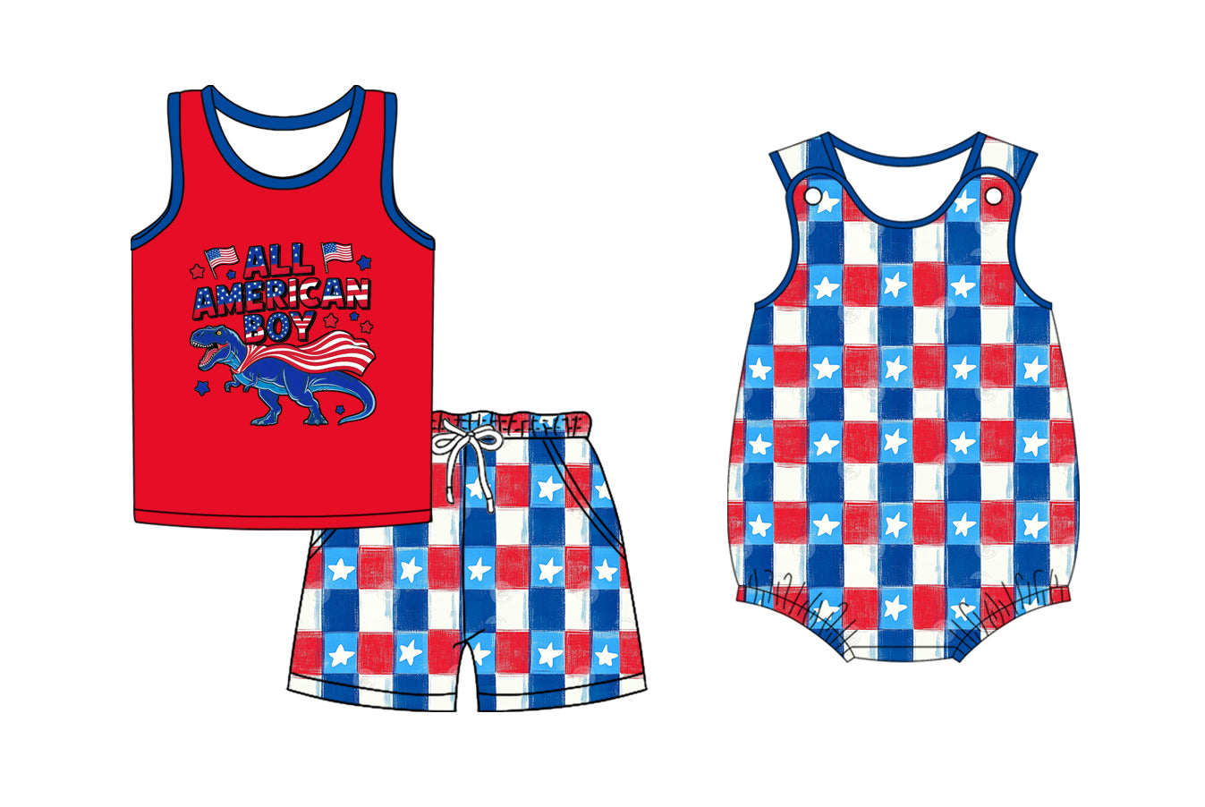 Preorder moq 5 Custom Baby Boys ALL AMERICAN BOY Top Pockets Plaid Short 4th Of July Set Rompers