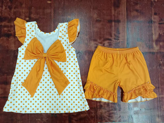 Preorder moq 5 Baby Girls Orange Flutter Sleeves Polka Dots Dog Bow Tunic Ruffle Short Set