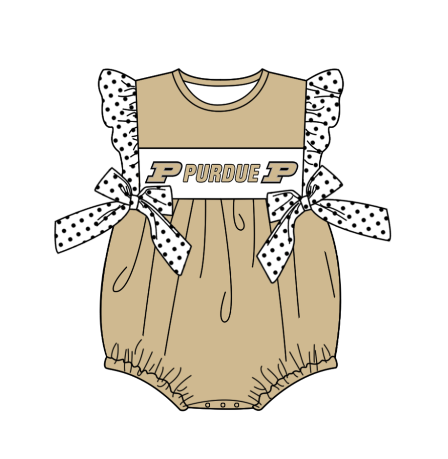 Custom moq 5 Football Team Purdue Khaki Flutter Sleeve Bows Girls Romper