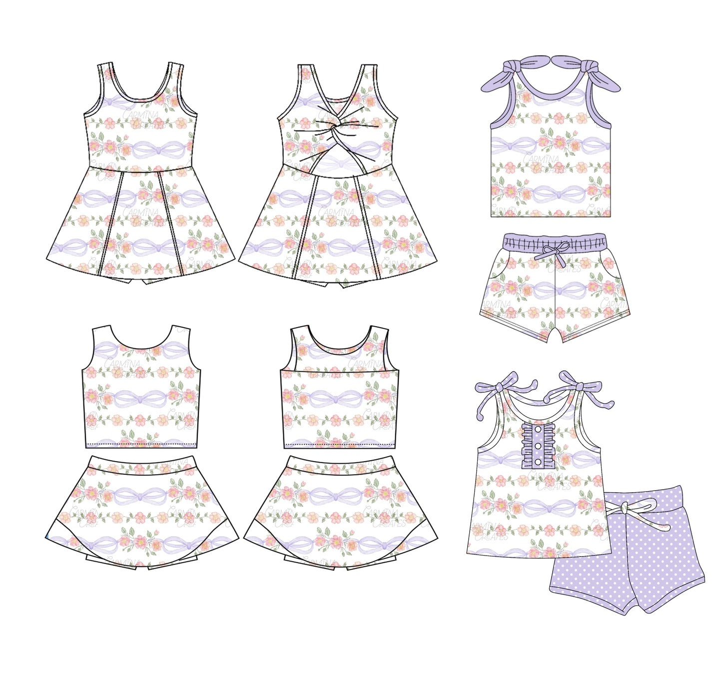Preorder moq 5 Custom Baby Girls Lavender Bows Flowers Top Pockets Short Set Skort Knee Length Dress Button Polka Dots Set