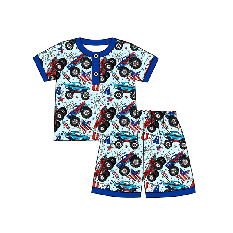 Preorder moq 5 Baby Boys Short Sleeves Stars Firework Button Top Shorts 4th Of July Pajamas Set