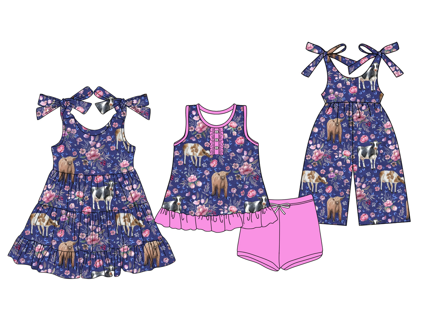 Preorder moq 5 Custom Baby Girls Flowers Highland Cows Button Tunic Pink Short Set Knee Length Dress Jumpsuits