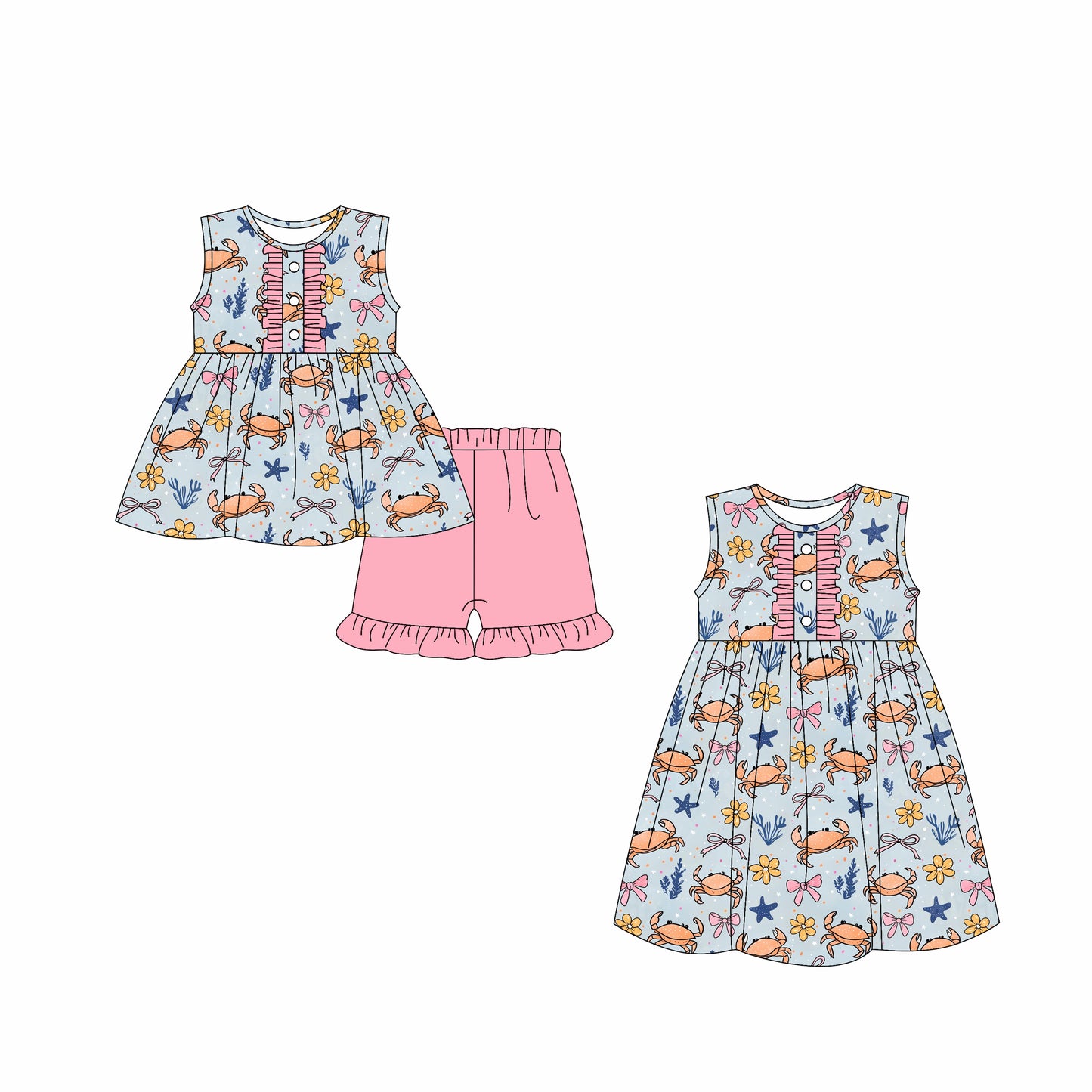 Preorder moq 5 Custom Baby Girls Button Crabs Flowers Tunic Pink Ruffle Short Set Knee Length Dresses