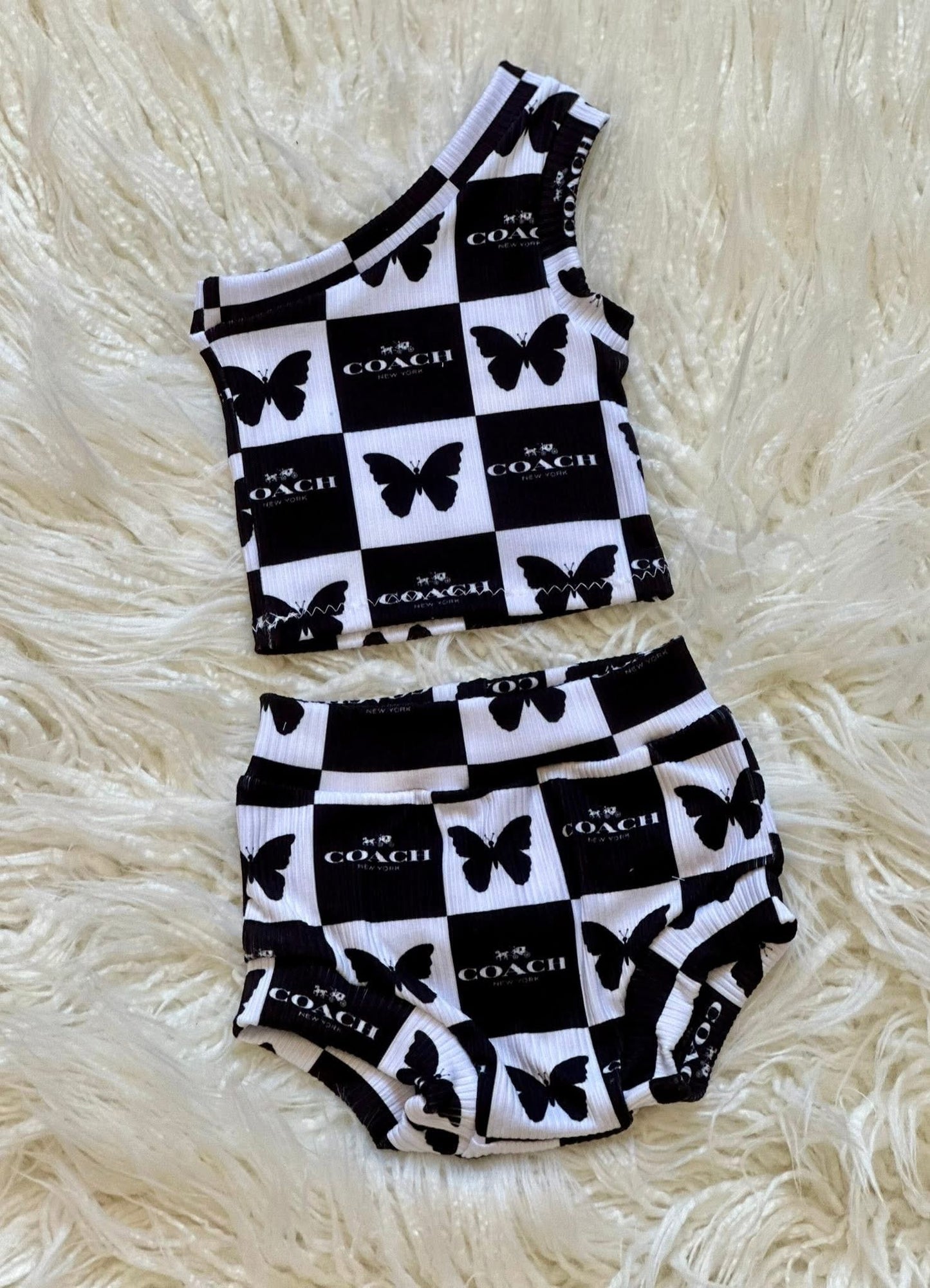 Preorder (moq 5)Baby Girls One Shoulder Butterfly Black Bummies Clothes Sets