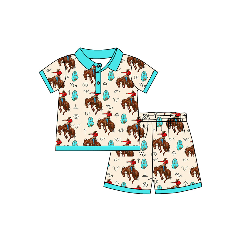 Preorder (moq 5)Baby Boys Western Rodeo Rhinestone Pullover Shirt Shorts Clothes Sets