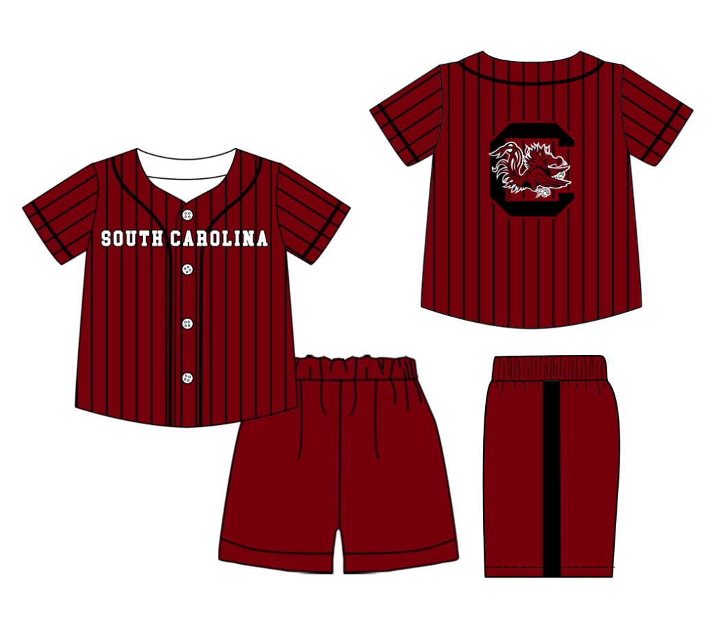Preorder (moq 5)Baby Boys Black Stripe South Carolina Button Top Shorts Team Clothes Sets