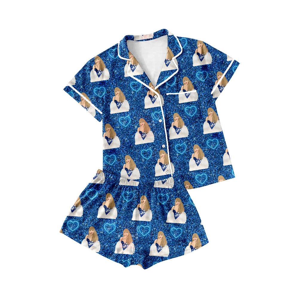 Preorder(moq 5)Adult Women Blue Heart Singer Buttons Tee Shirts Shorts Pajamas Sets