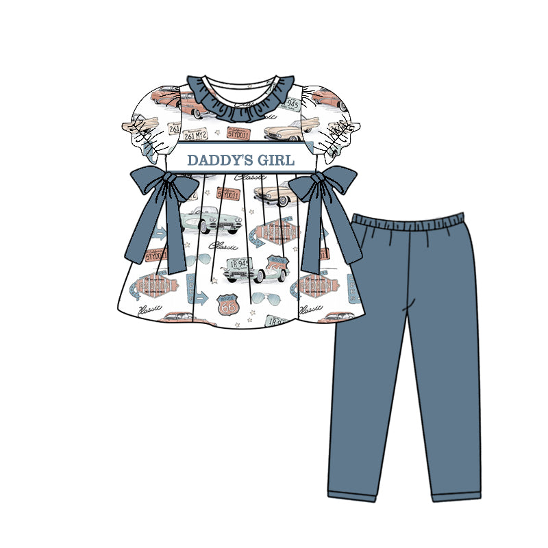 Preorder (moq 5)Baby Girls Short Ruffle Sleeves DADDY'S GIRL Cars Tunic Blue Legging Pant Set