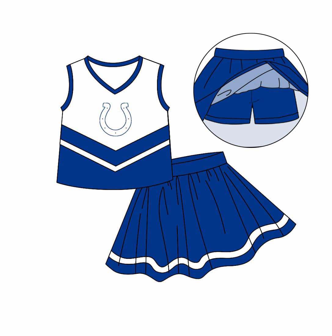 Preorder (moq 5)Baby Girls Royal Blue Cheer Team Top Skort Shorts Clothes Sets