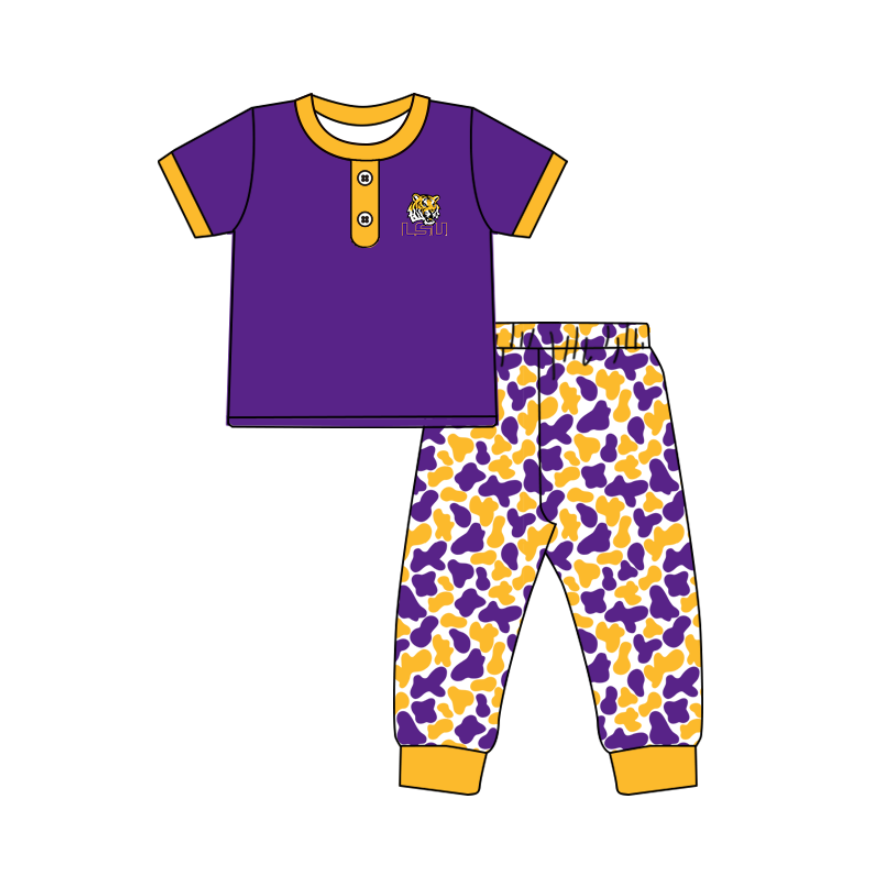 Preorder (moq 5)Baby Boys Purple LSU Tiger Button Top Camo Pants Team Clothes Sets