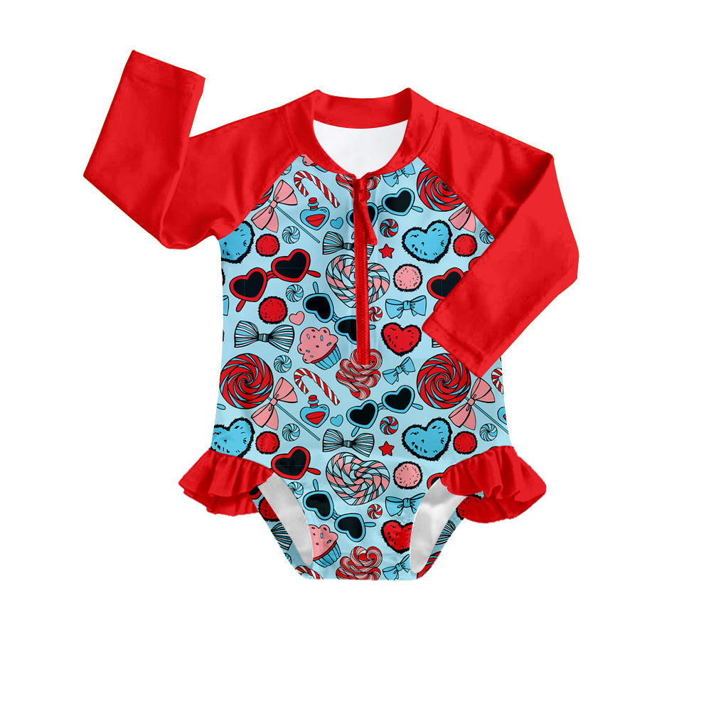 Preorder (moq 5)Baby Girls 4th Of July Bows Zip One Piece Swimsuits