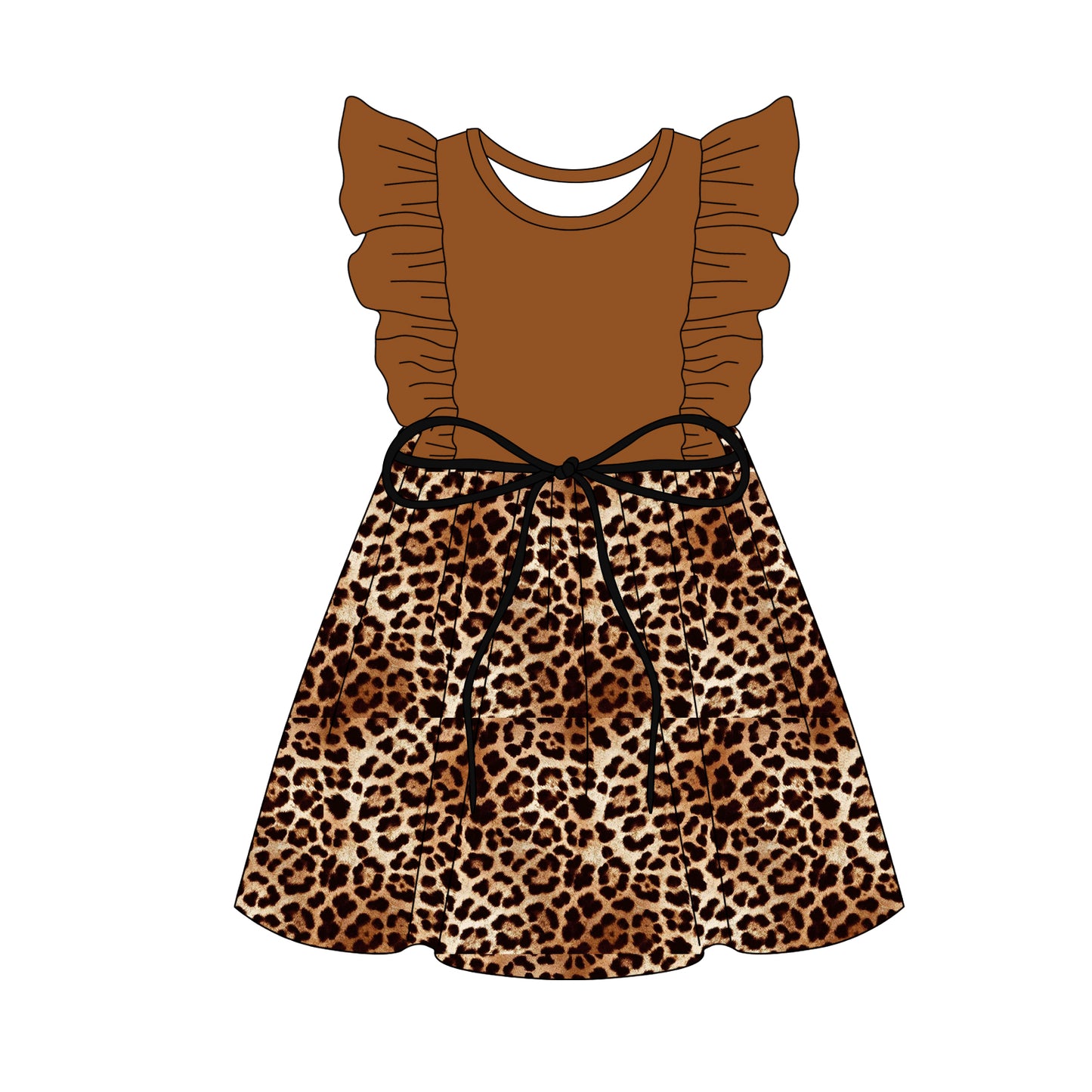 Preorder (moq 5)Baby Girls Brown Flutter Sleeves Leopard Knee Length Dresses Preorder