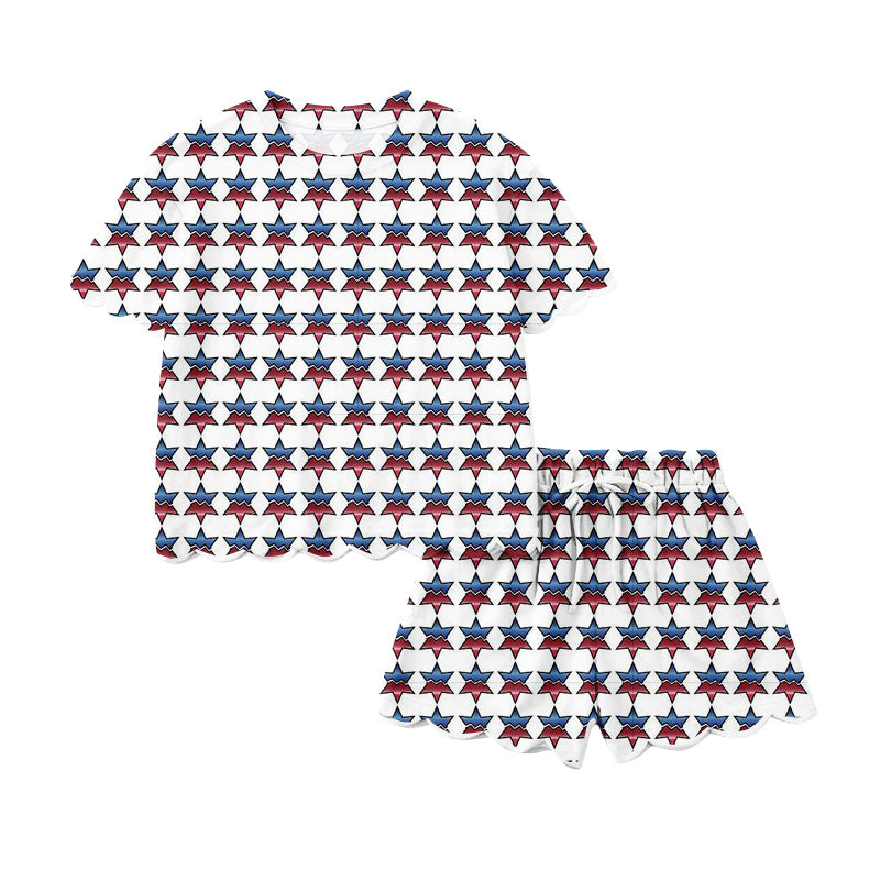 Preorder (moq 5)Baby Girls Red Blue Stars Stripe Top Scallop Shorts 4th of July Clothes Sets