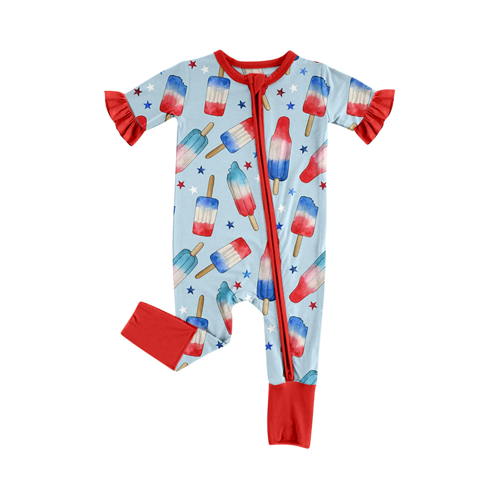 Preorder (moq 5)Baby Girls Red Blue Popsicle Stars 4th of July Two Way Zip Convertible Rompers