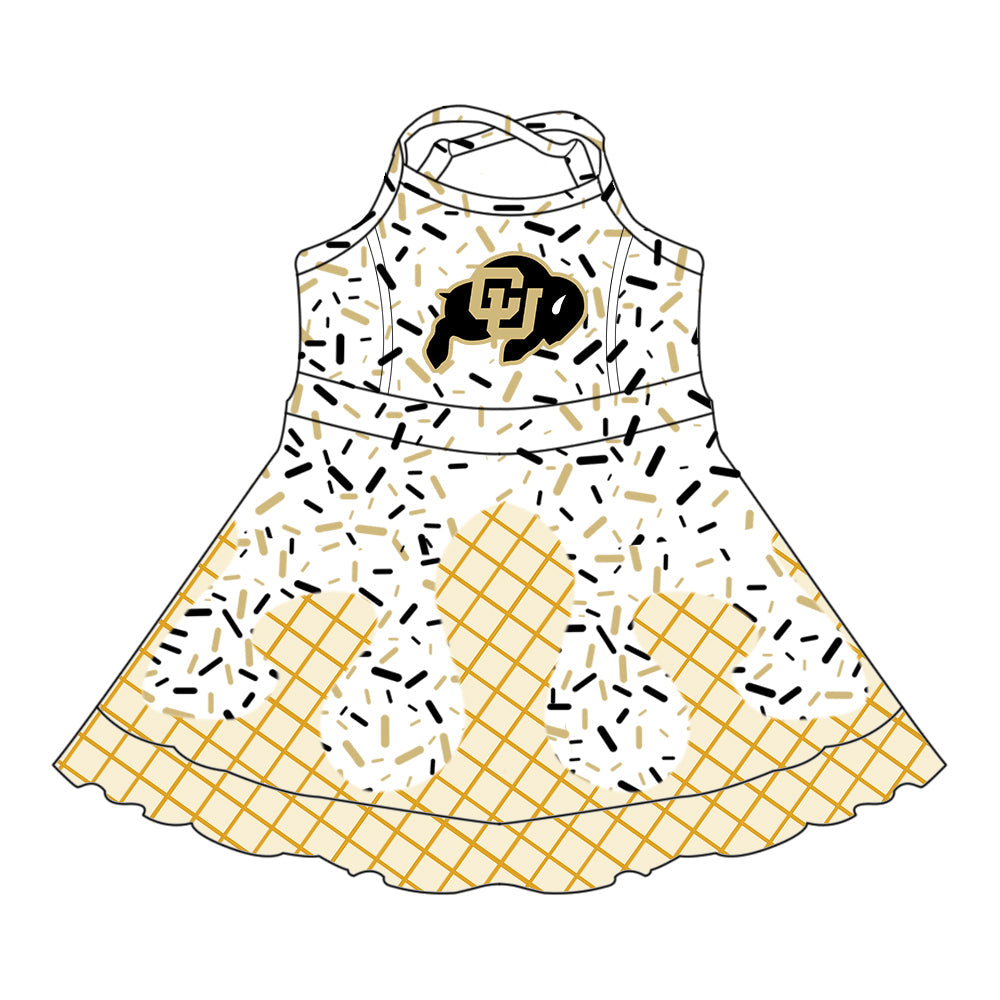Preorder (moq 5)Baby Girls Drip Sprinkles CU Boulder Team Shorts Ruffle Knee Length Dress
