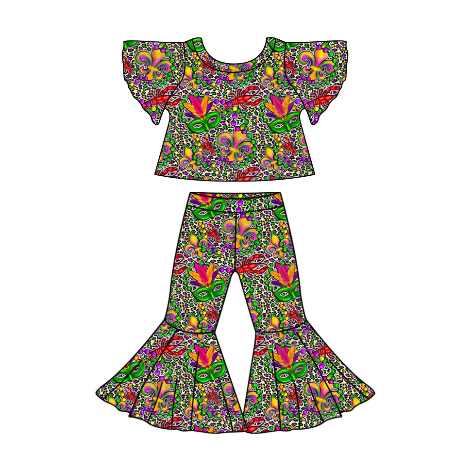 Preorder (moq 5)Baby Girls Mardi Gras Crawfish Top Bell Bottom Pants Clothes Sets