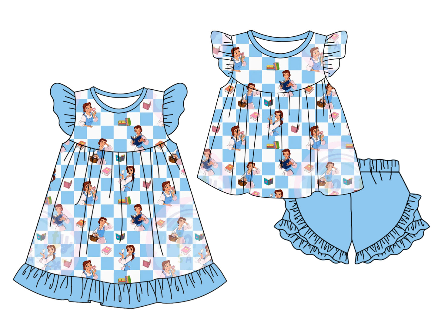 Preorder moq 5 Custom Baby Girls Blue Plaid Cartoon Princess Tunic Short Set Knee Length Dresses