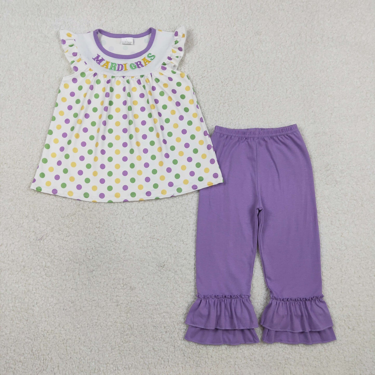 Embroidery Mardigras Baby Girls Polka Dots Tunic Ruffle Pants Clothes Sets