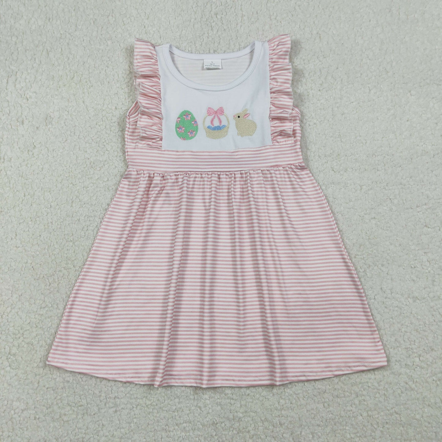Embroidery Rabbit Eggs Baby Girls Pink Stripe Easter Knee Length Dresses