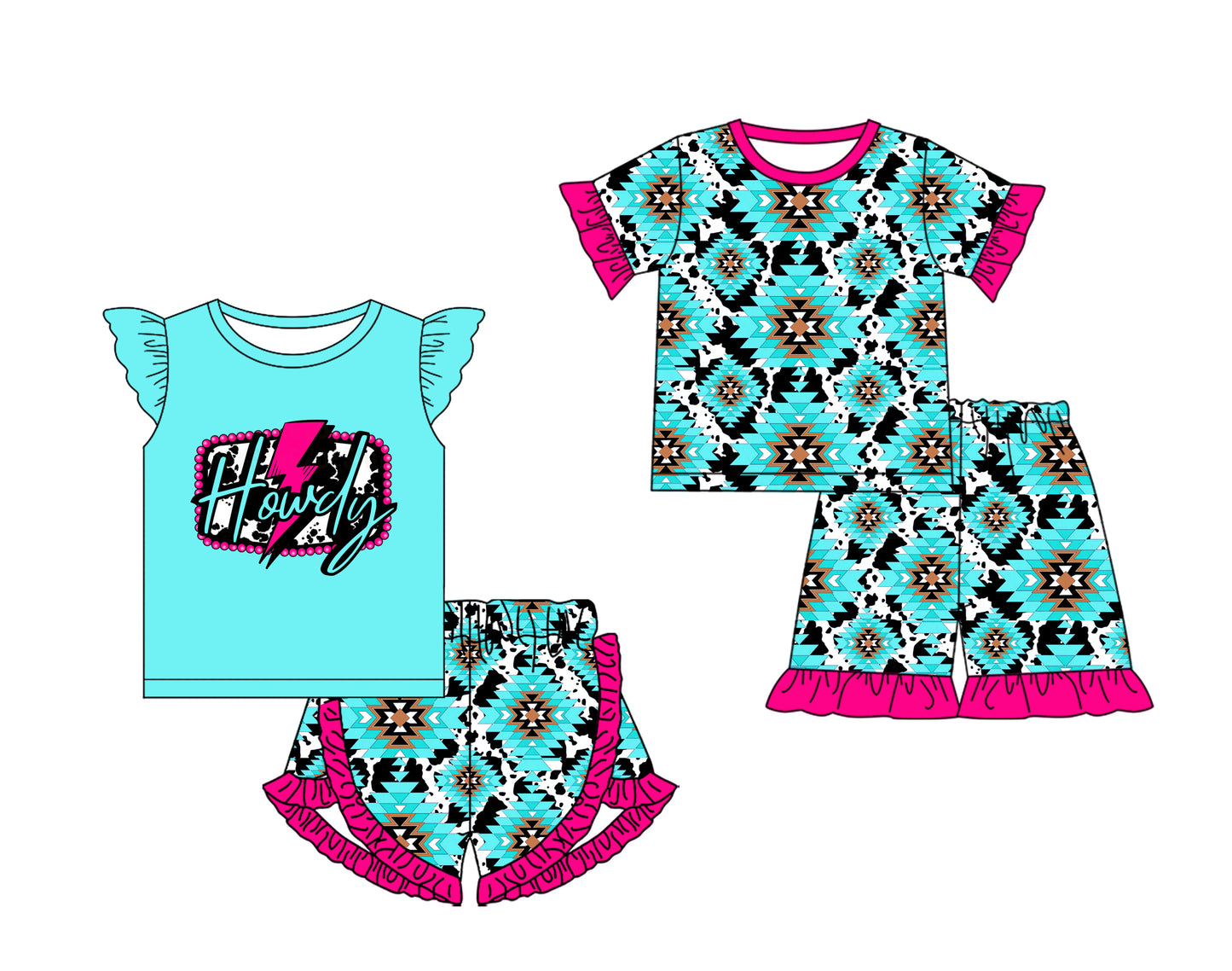 Preorder moq 5 Custom Baby Girls Blue Short Sleeves Howdy Top Aztec Ruffle Short Pajamas Set