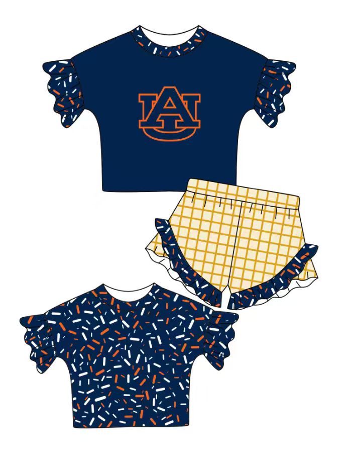 Preorder (moq 5)Baby Girls Navy Sprinkles AU Top Checked Ruffle Shorts Team Clothes Set