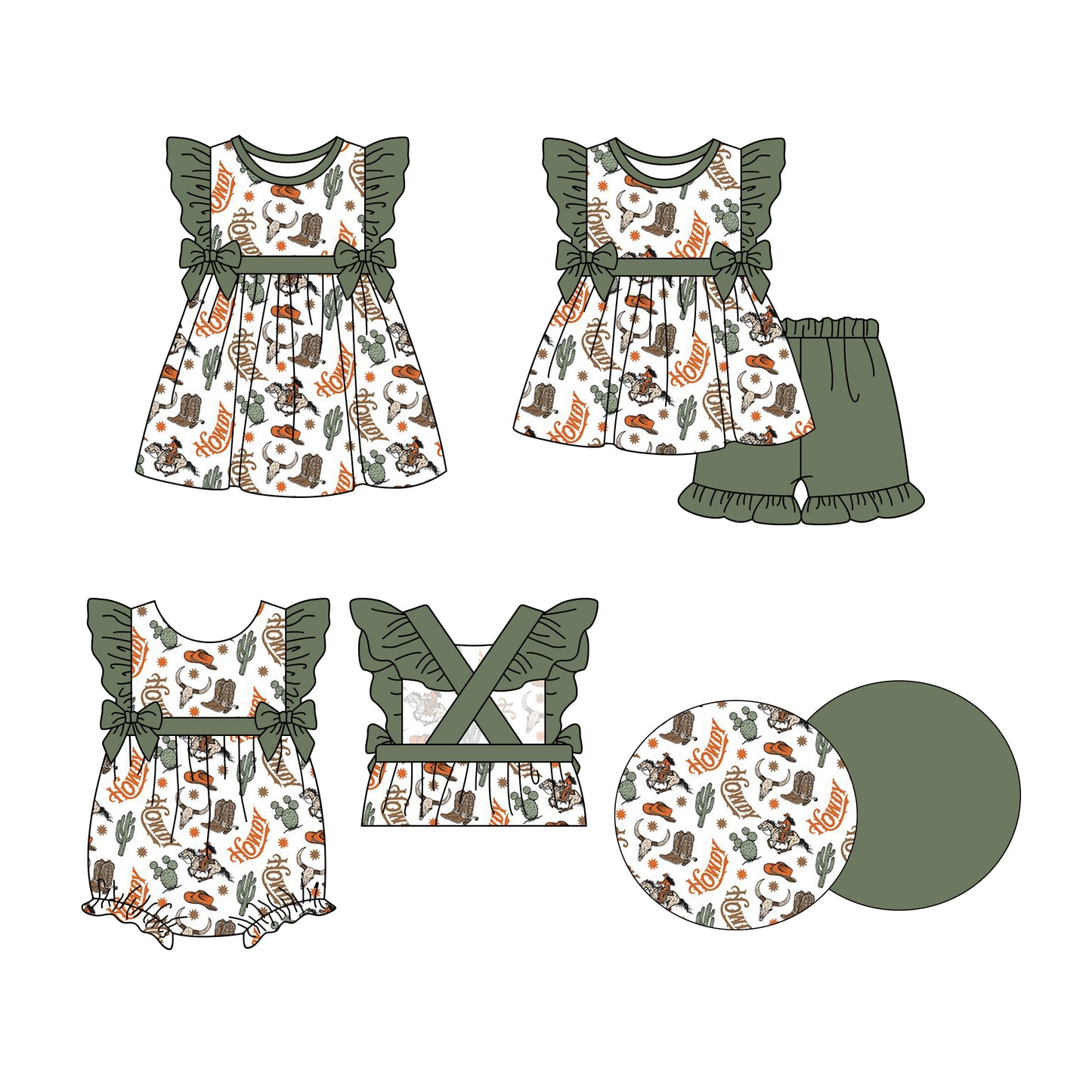 Preorder moq 5 Custom Baby Girls Dark Green Cactus Boots Bows Tunic Ruffle Short Sets Knee Length Dress Rompers