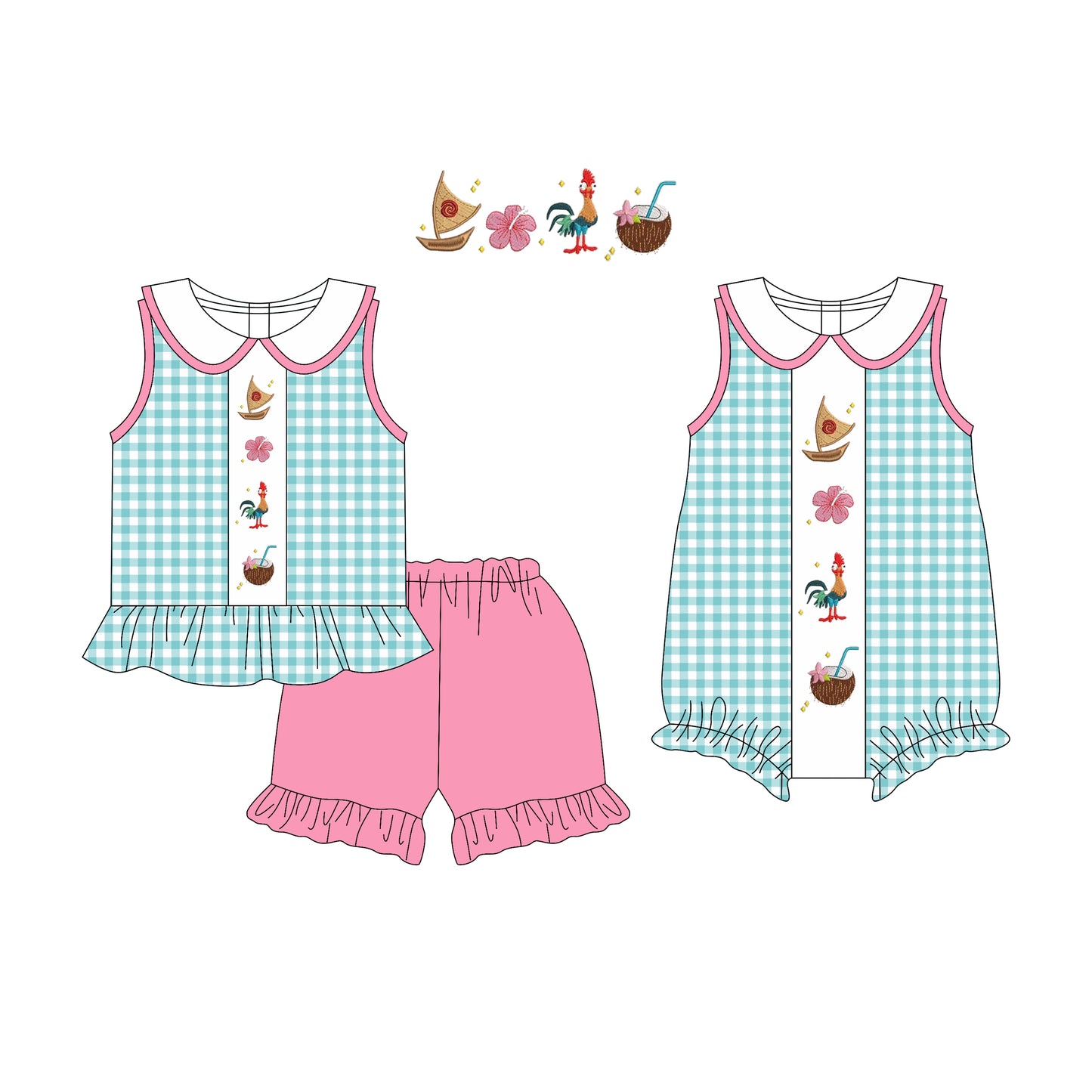Preorder moq 5 Custom Baby Girls Blue Plaid Sleeveless Boats Flowers Tunic Ruffle Short Set Rompers