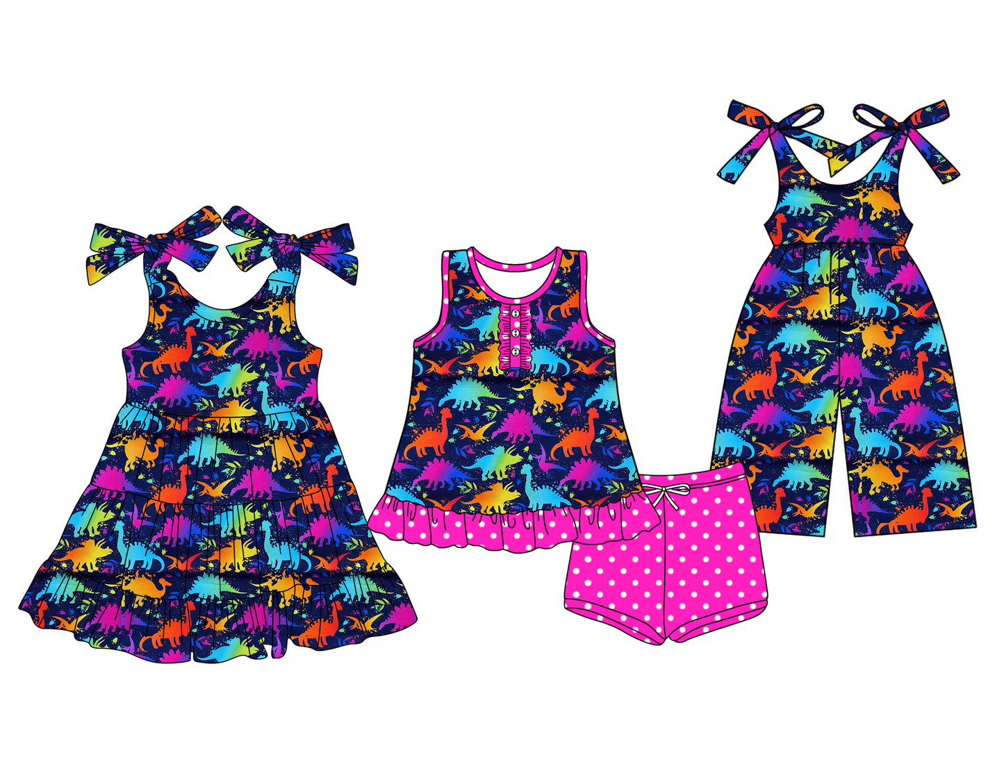 Preorder moq 5 Custom Baby Girls Colorful Dinosaurs Button Tunic Pink Polka Dots Short Set Knee Length Dress Jumpsuits