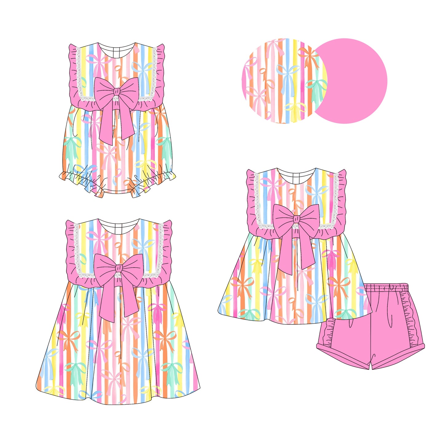 Preorder moq 5 Custom Baby Girls Pink Sleeveless Colorful Stripe Bows Tunic Blue Ruffle Short Set Knee Length Dress Rompers