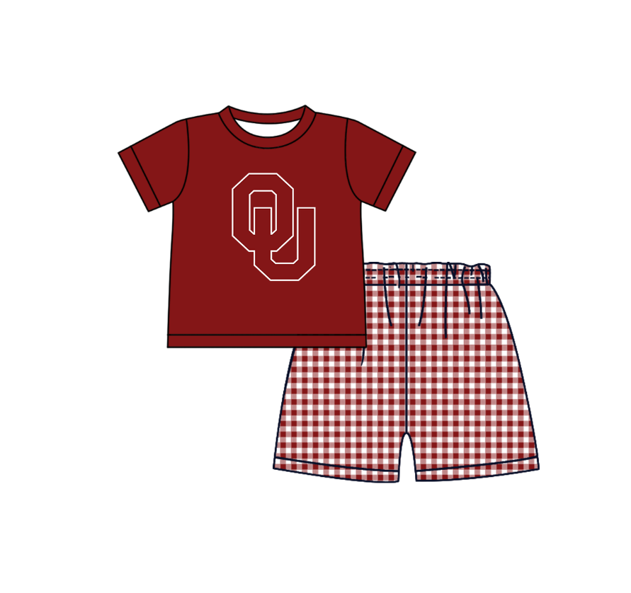Preorder (moq 5)Baby Boys Red Short Sleeve OU Top Checked Shorts Team Clothes Sets