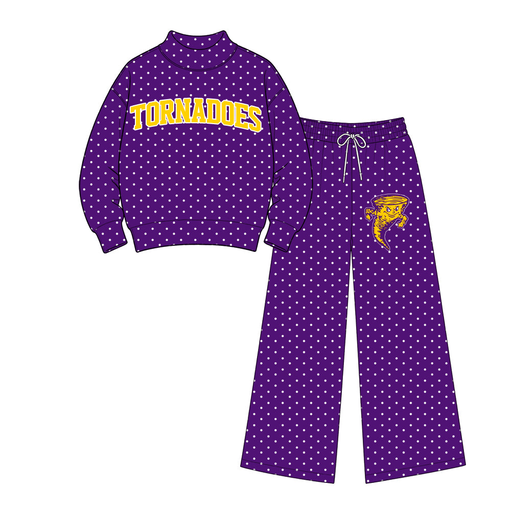 Preorder (moq 5) Baby Girl Clothes Tornadoes Purple Long Sleeve Mock Neck Flare Pant Sets