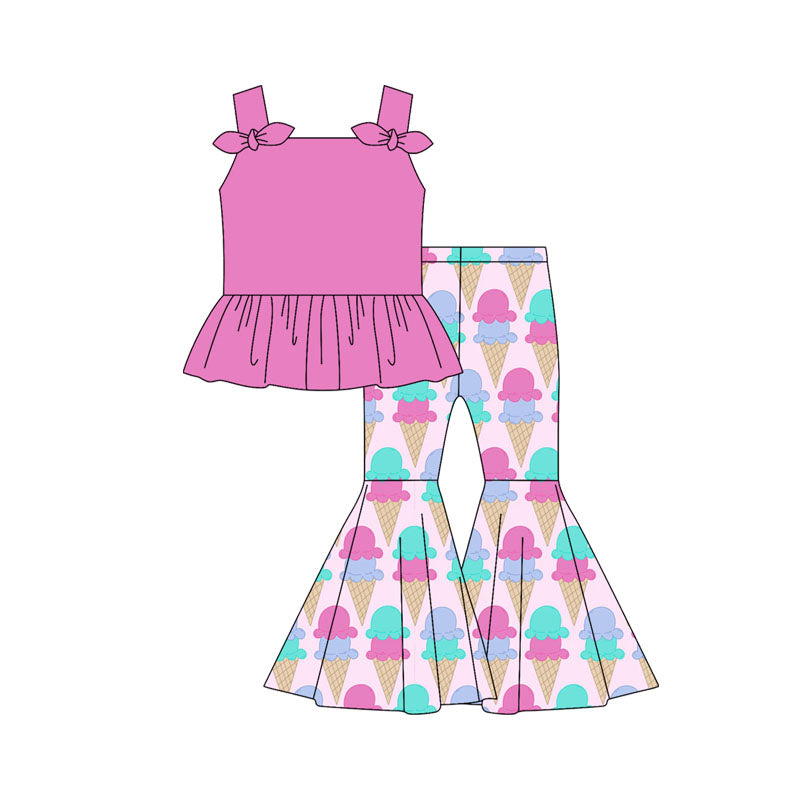 Preorder moq 5 Baby Girls Pink Strap Bows Tunic Ice Creams Bell Bottom Pants Set