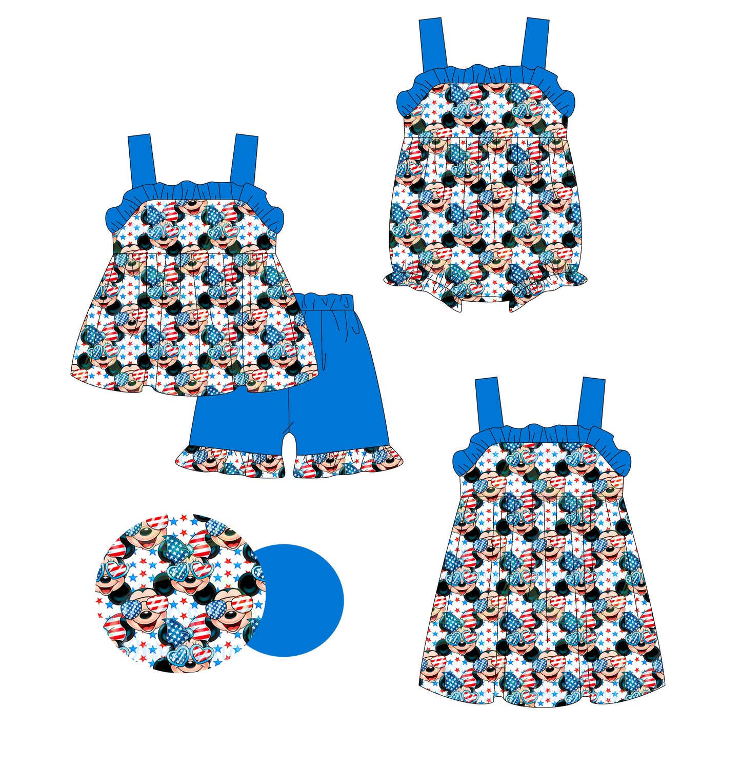 Preorder moq 5 Custom Baby Girls Hot Blue Strap Cartoon Mouses Stars Tunic Ruffle Short 4th Of July Set Knee Length Dress And Rompers