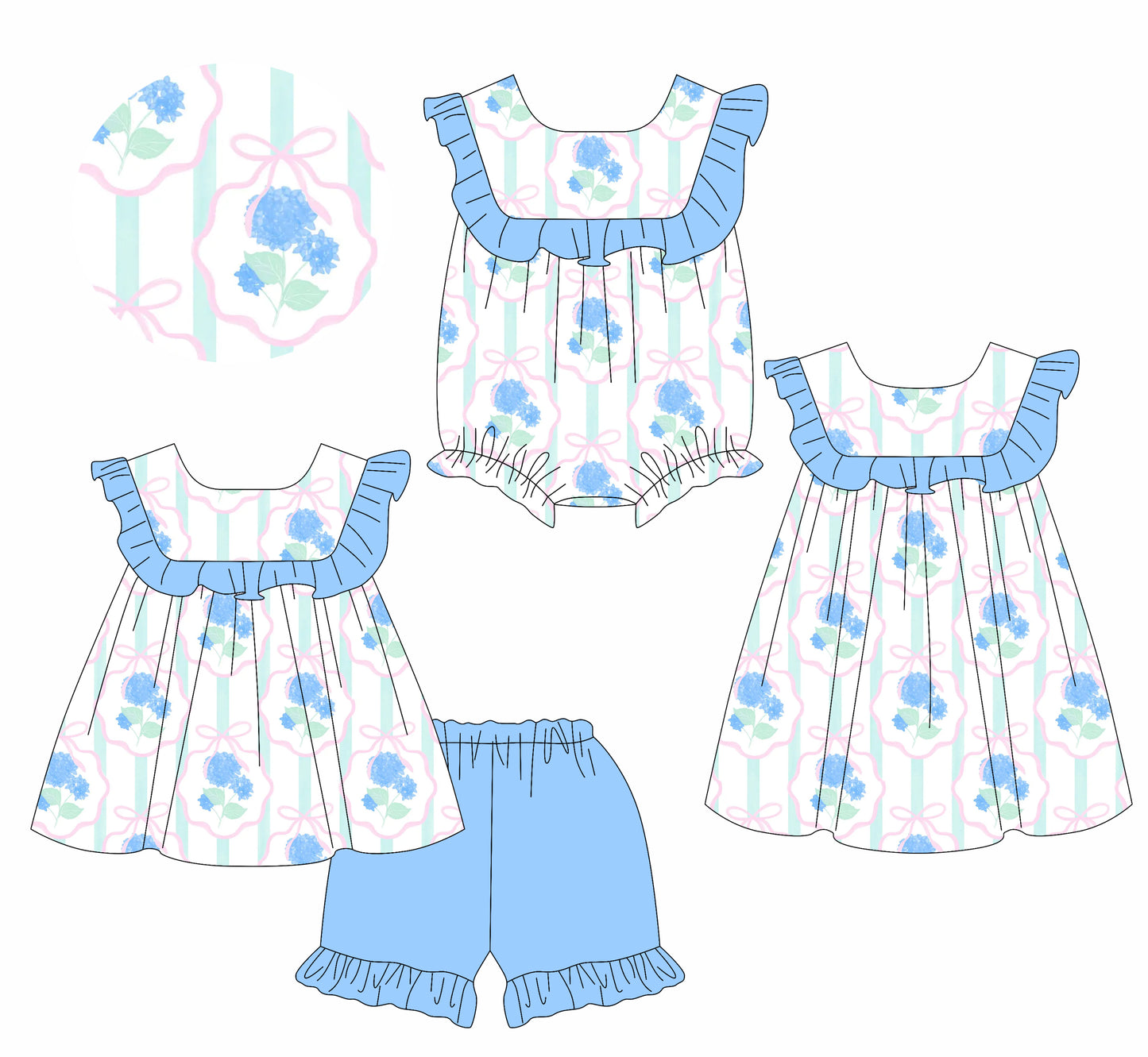 Preorder moq 5 Custom Baby Girls Blue Sleeveless Floral Plaid Tunic Ruffle Short Set Knee Length Dress Rompers