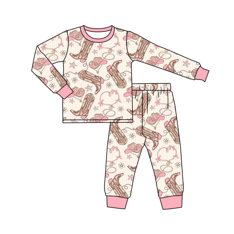 Preorder (moq 5)Baby Girls Western Pink Boots Hats Top Pants Pajamas Clothes Sets