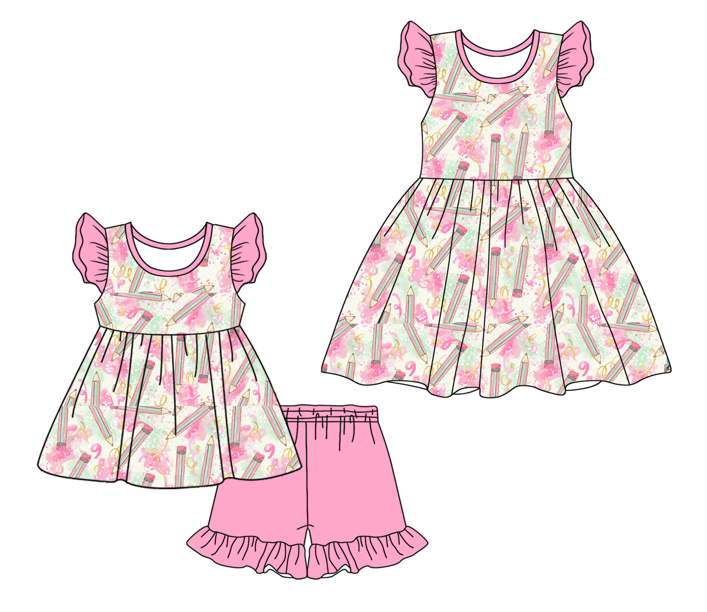 Preorder moq 5 Custom Baby Girls Pink Flutter Sleeves Pencils Tunic Ruffle Short Set Knee Length Dress