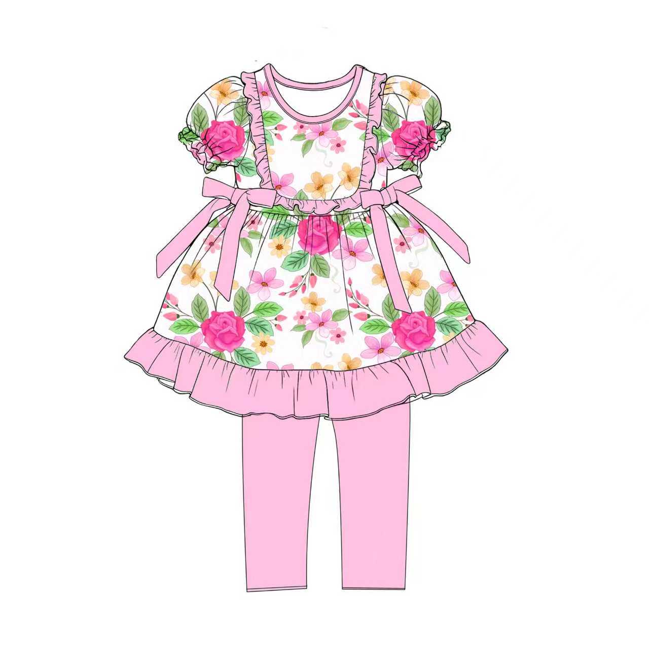 Preorder (moq 5)Baby Girls Colorful Flowers Bows Tunic Legging Pants Clothes Sets