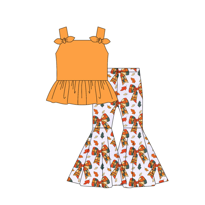 Preorder moq 5 Baby Girls Orange Strap Bows Tunic Bows Leaves Bell Bottom Pants Set