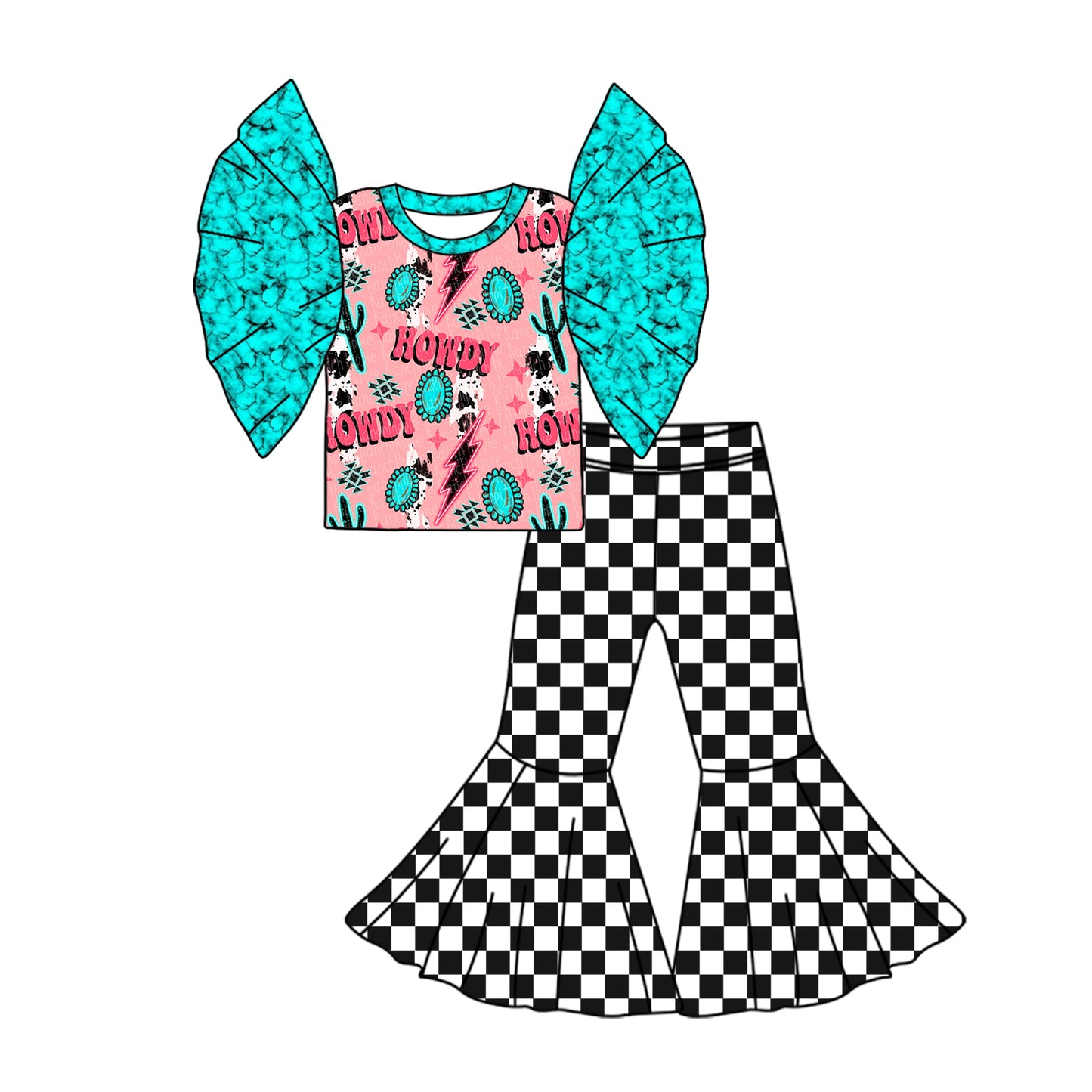 Preorder (moq 5)Baby Girls Howdy Turquoise Shirt Bell Pants Clothes Sets