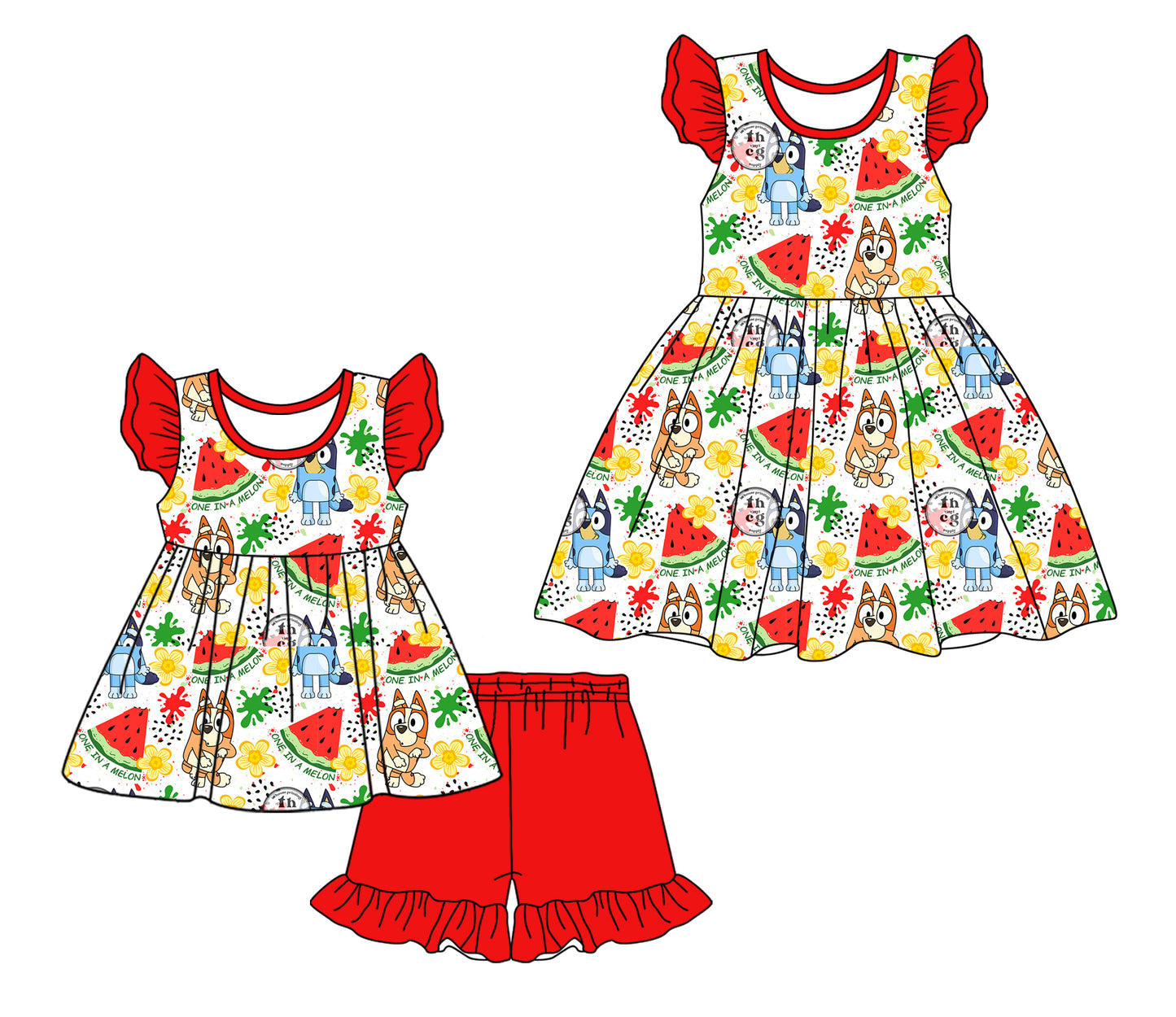 Preorder moq 5 Custom Baby Girls Red Flutter Sleeves Cartoon Dogs Watermelon Tunic Ruffle Short Set Knee Length Dress