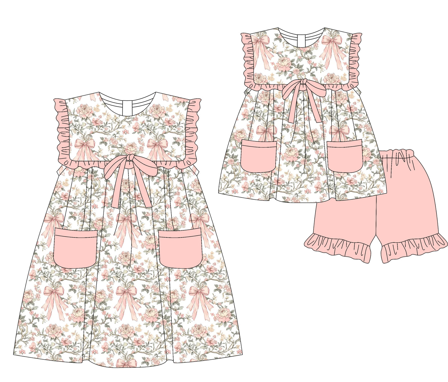 Preorder moq 5 Custom Baby Girls Peach Bows Floral Pockets Tunic Ruffle Short Set Knee Length Dresses
