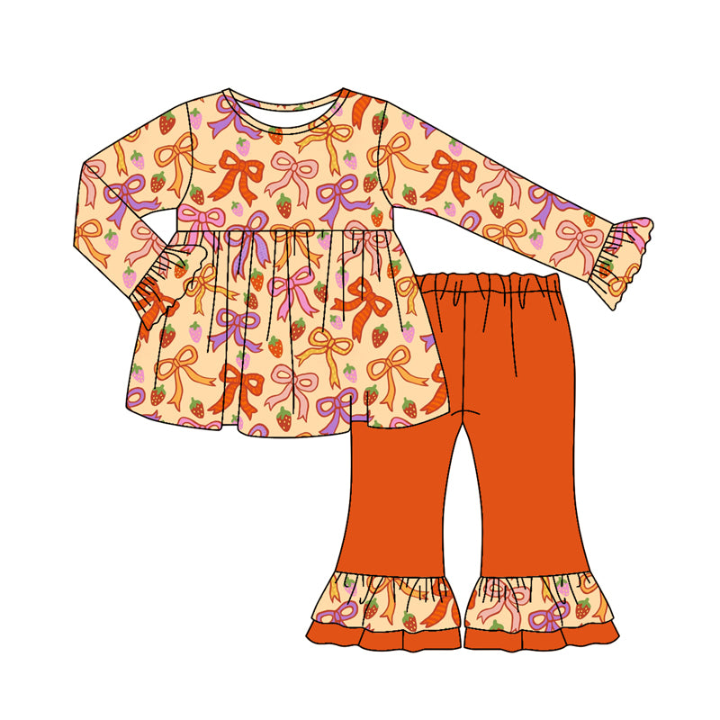 Preorder (moq 5)Baby Girls Long Ruffle Sleeves Colorful Bows Strawberry Tunic Flare Pants Set