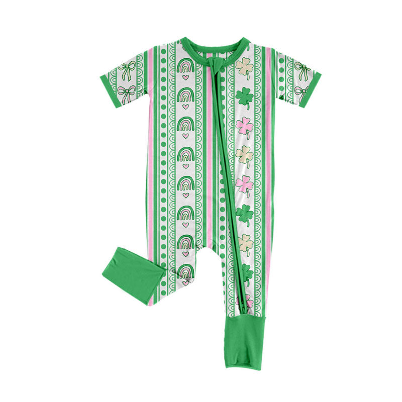 Preorder (moq 5)Baby Boys Green Clovers Stripe St Patrick Zipper Footie Rompers
