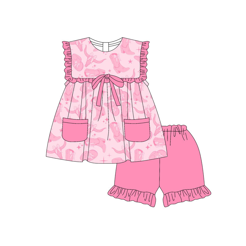 Preorder (moq 5)Baby Girls Pink Sleeveless Chicks Boots Bull Skulls Pockets Tunic Ruffle Shorts Set
