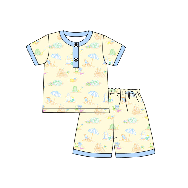 Preorder (moq 5)Baby Boys Short Sleeves Button Beach Print Top Short Pajamas Sets Preorder