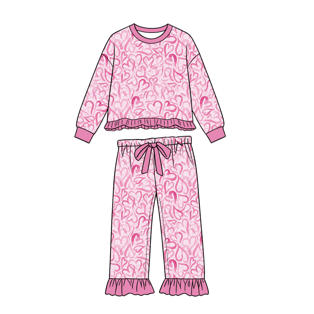 Preorder (moq5) Baby Girl Clothes Pink Watercolor Heart Print Long Sleeve Ruffle Pant Set