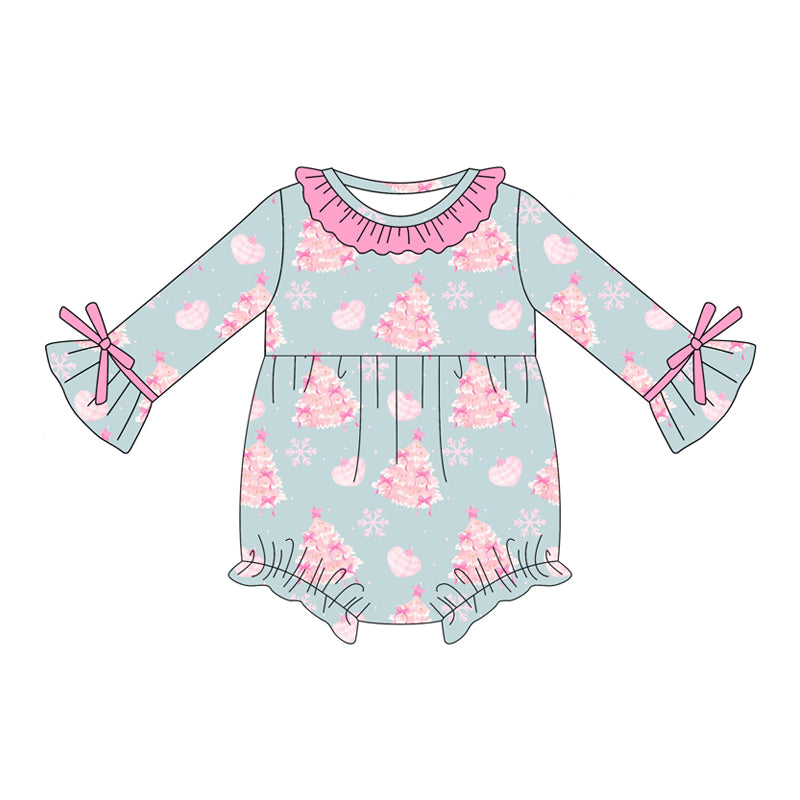 Preorder (moq 5)Baby Girls Blue Long Sleeves Snowflake Trees Ruffle Rompers