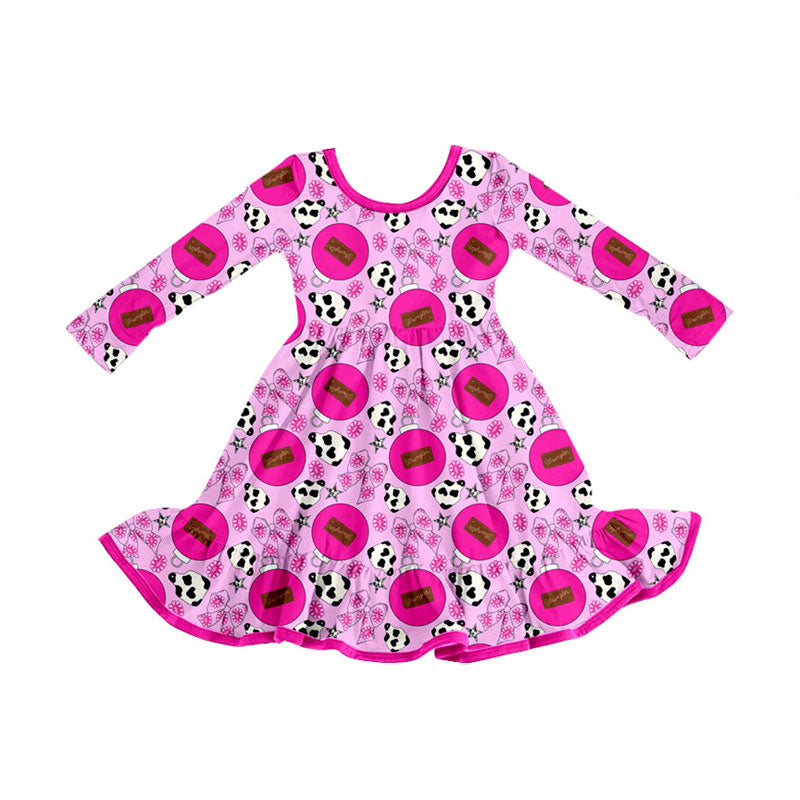 Preorder (moq 5)Baby Girls Hot Pink Cow Print Flowers Bows Western Ruffle Knee Length Dress